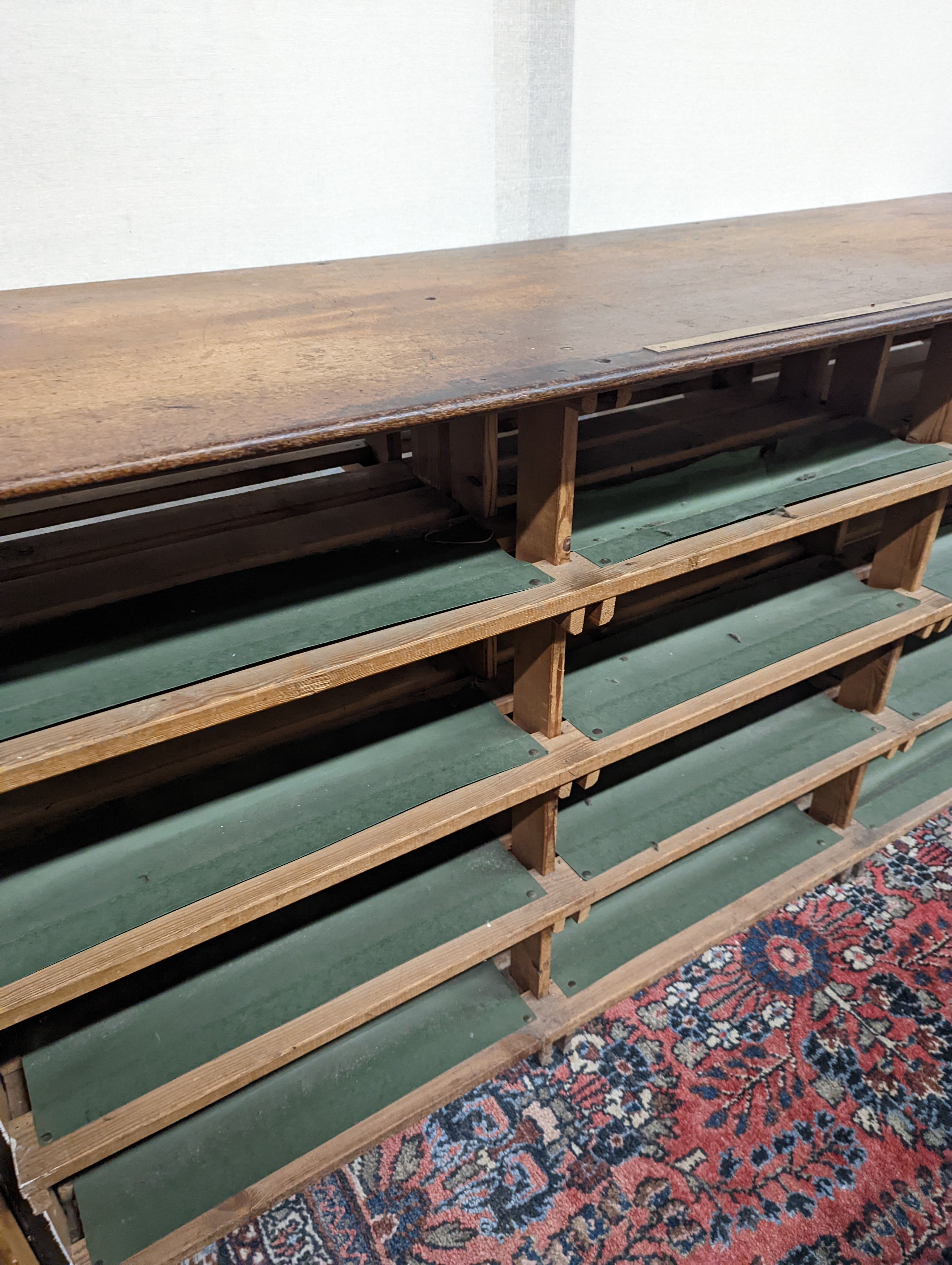 A Victorian and later mahogany and pine haberdashery cabinet, length 190cm, depth 61cm, height 95cm